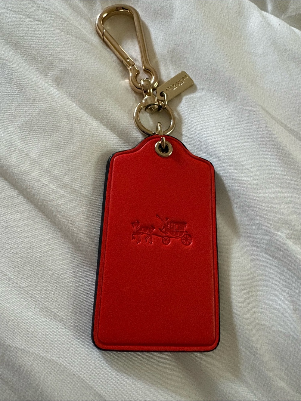 Coach Red Leather Oversized Hangtag Bag Charm Keychain Gold Horse & Carriage